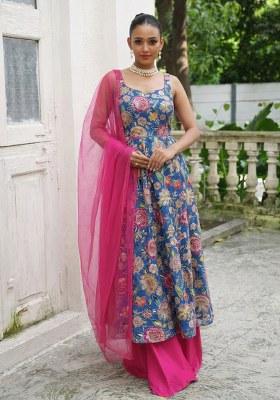 Blue Printed Crepe Kurta Set