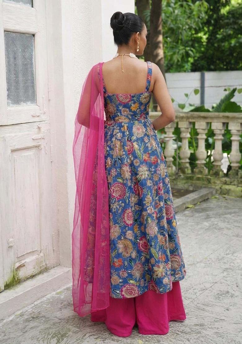 Blue Printed Crepe Kurta Set - Indya