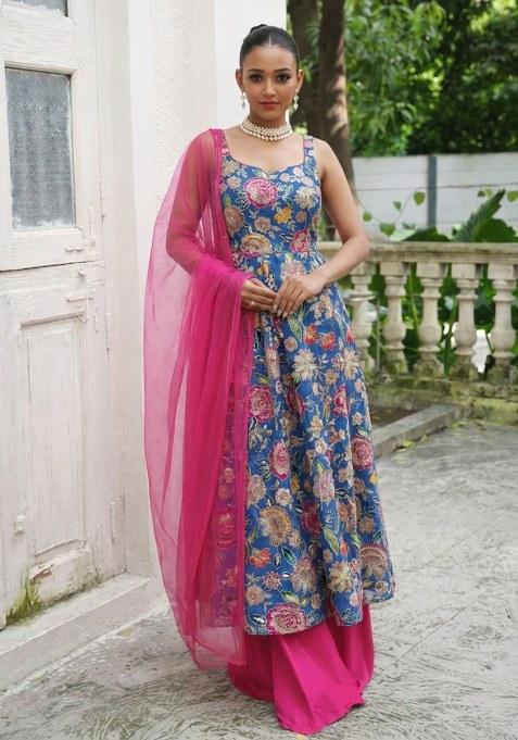Blue Floral Print Crepe Sharara Set