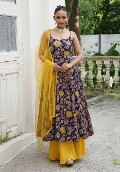 Navy Blue Floral Print Crepe Sharara Set