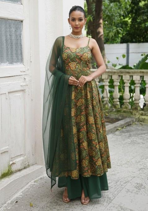 Green Printed Silk Blend Anarkali Set