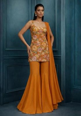 Orange Printed Crepe Sharara Set