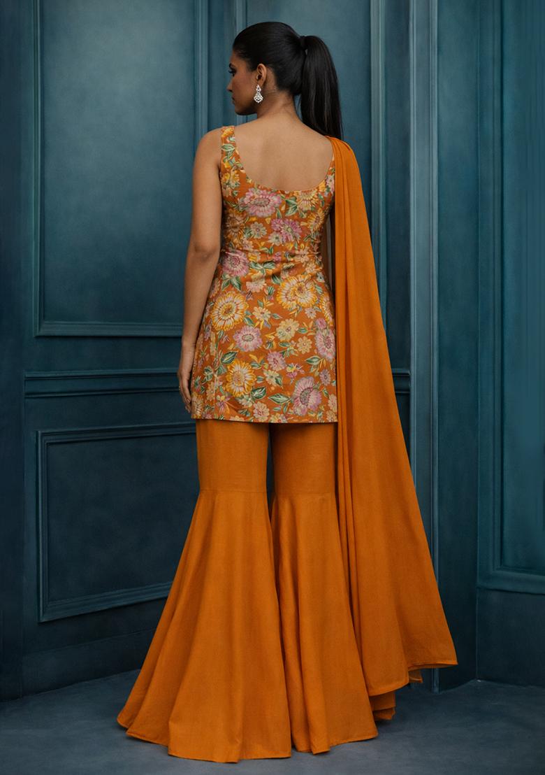 Orange Printed Crepe Sharara Set - Indya