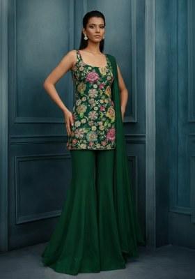 Green Printed Crepe Sharara Set