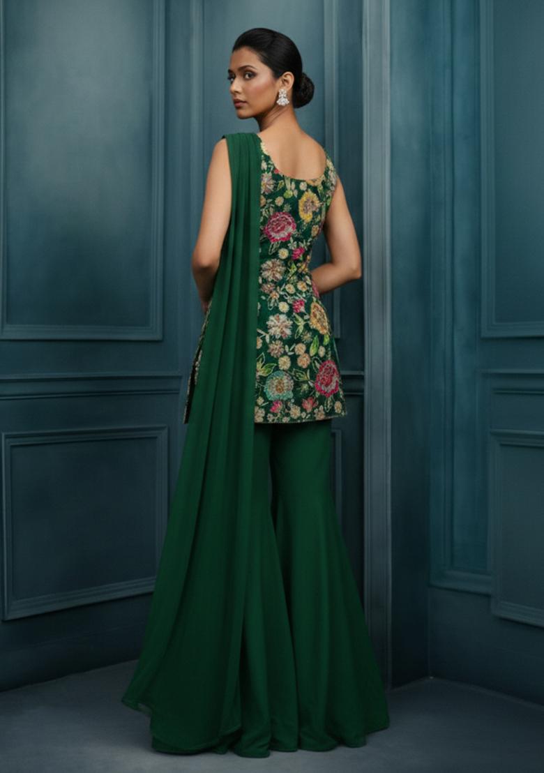 Green Printed Crepe Sharara Set - Indya