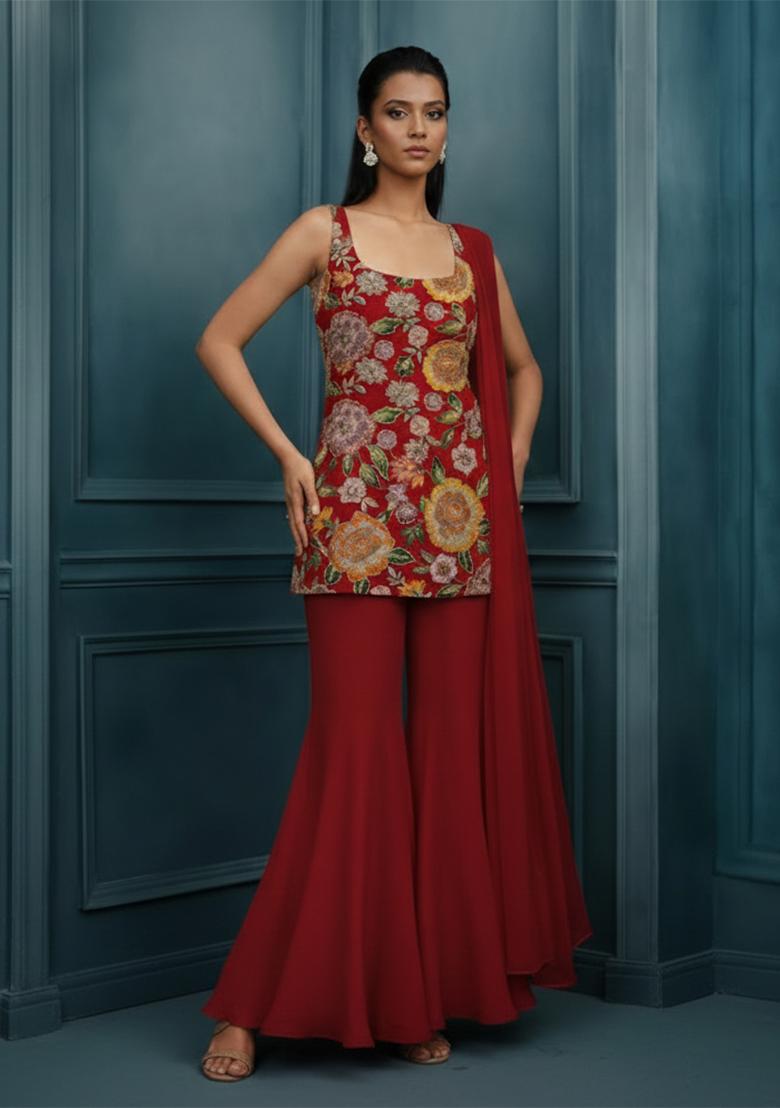 Red Printed Crepe Sharara Set - Indya