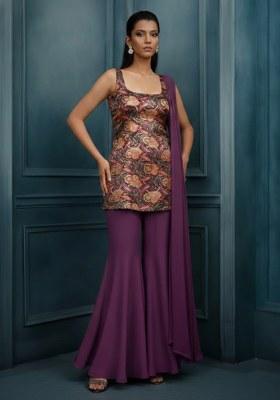 Purple Printed Silk Sharara Set