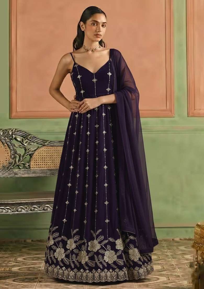 Purple Embroidery Crepe Anarkali Set - Indya