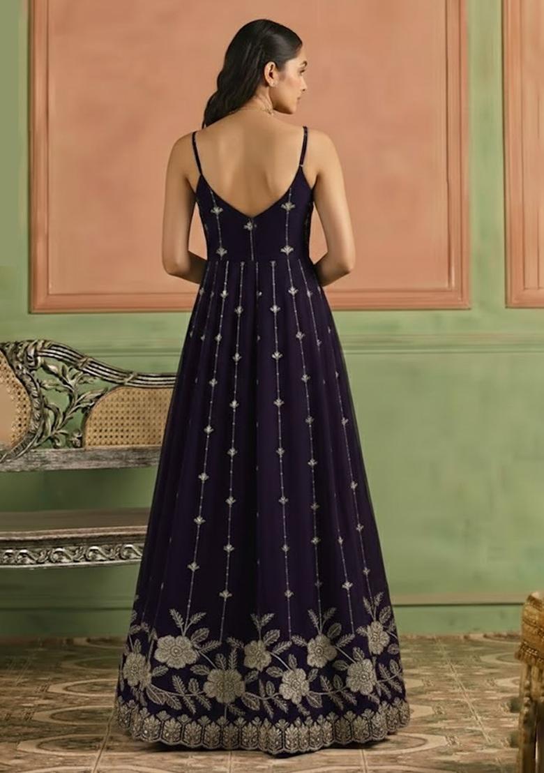 Purple Embroidery Crepe Anarkali Set - Indya