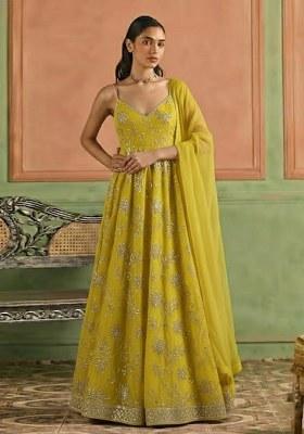 Mustard Yellow Embroidery Poly Blend Anarkali Set