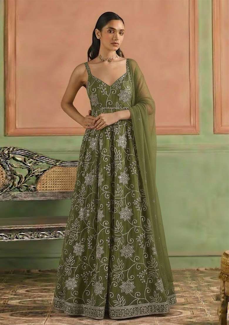 Green Embroidery Poly Blend Anarkali Set - Indya
