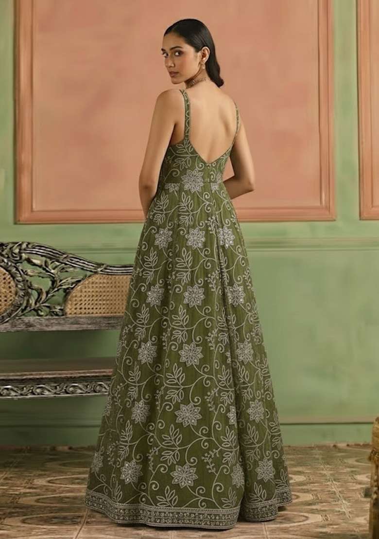 Green Embroidery Poly Blend Anarkali Set - Indya