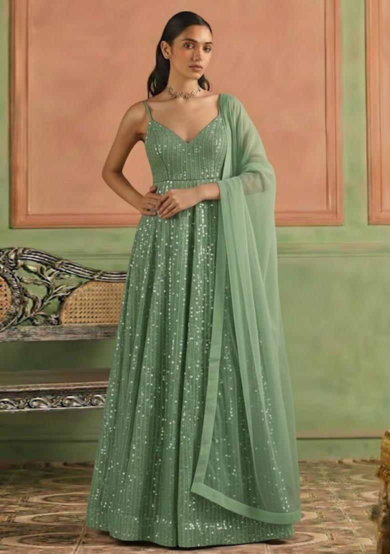 Mint Green Sequin Embroidery Net Anarkali Set - Indya