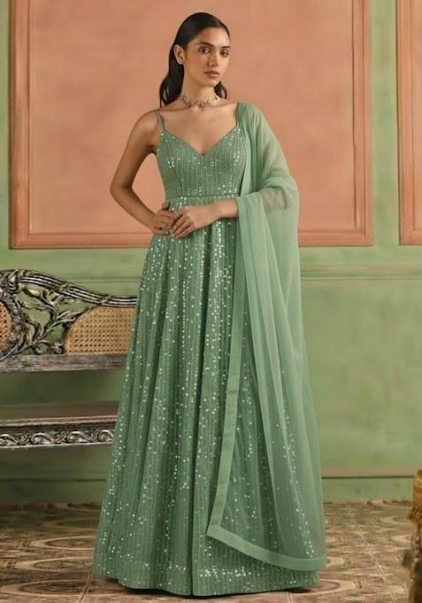 Mint Green Sequin Embroidery Net Anarkali Set