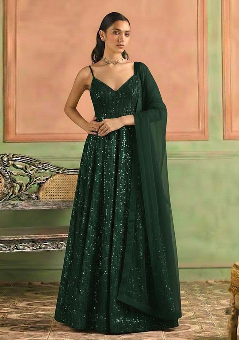 Green Sequin Embroidery Net Anarkali Set - Indya