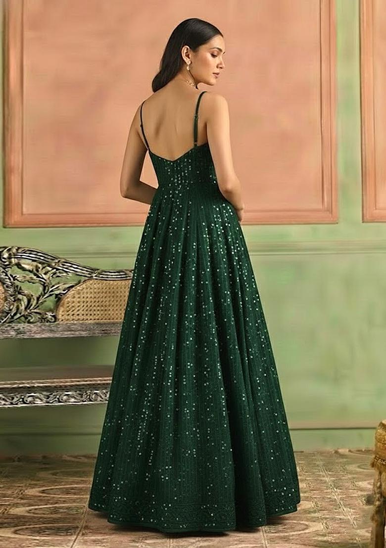Green Sequin Embroidery Net Anarkali Set - Indya