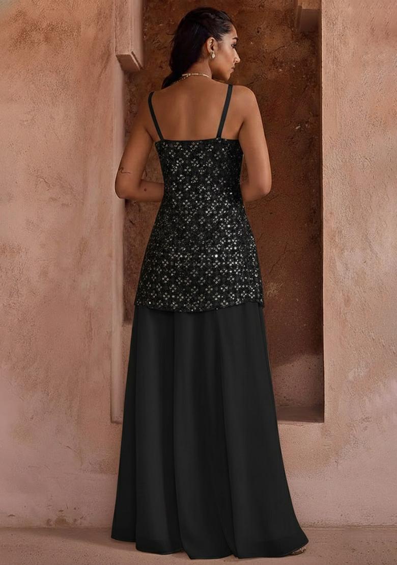 Black Sequin Embroidery Net Sharara Set - Indya