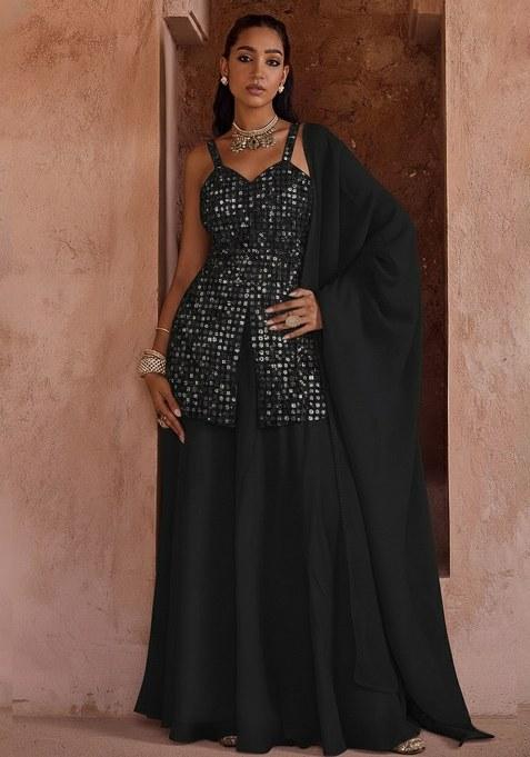 Black Sequin Embroidery Net Sharara Set