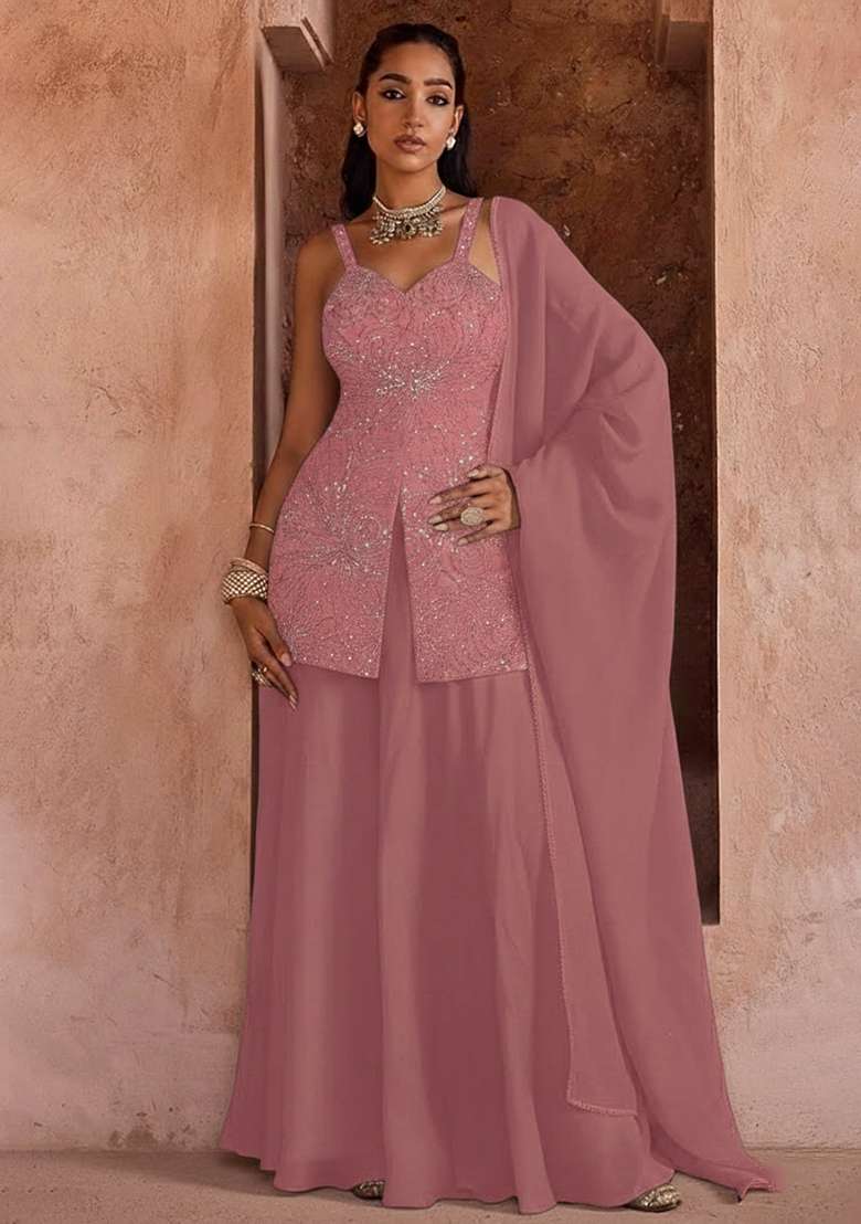 Pink Embroidery Chinon Sharara Set - Indya