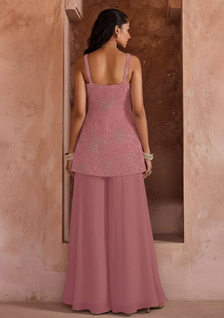 Pink Embroidery Chinon Sharara Set - Indya