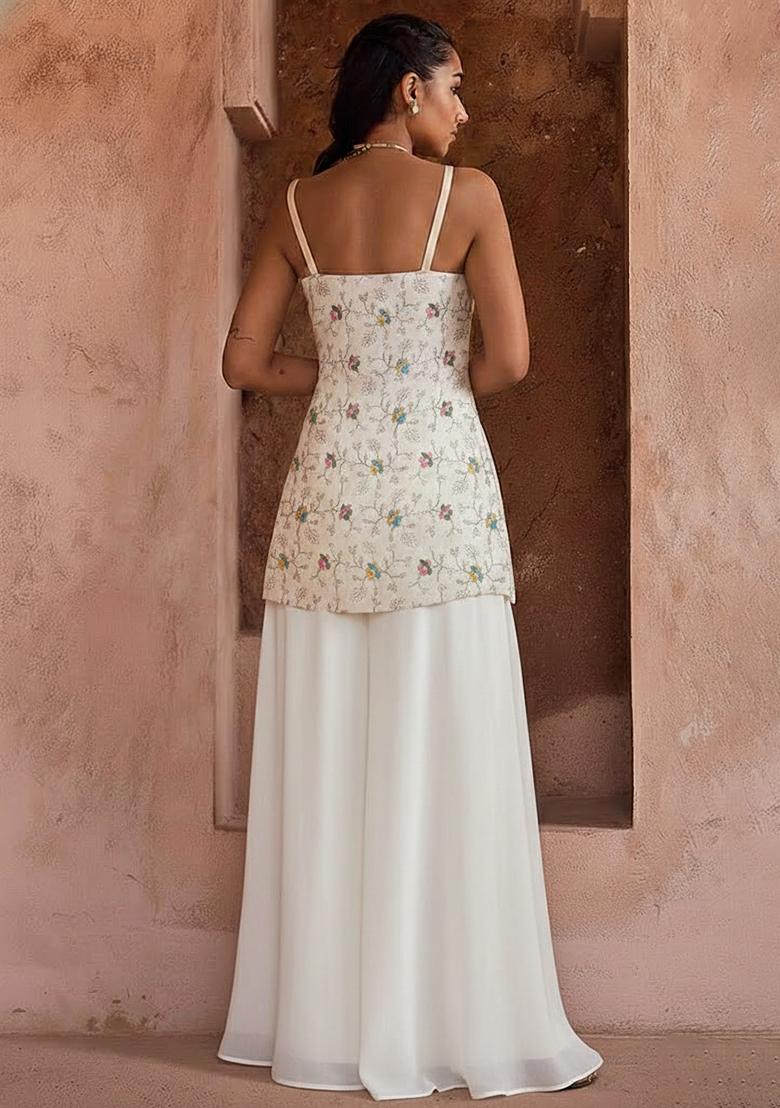 Off White Printed Simmer Tissue Sharara Set - Indya