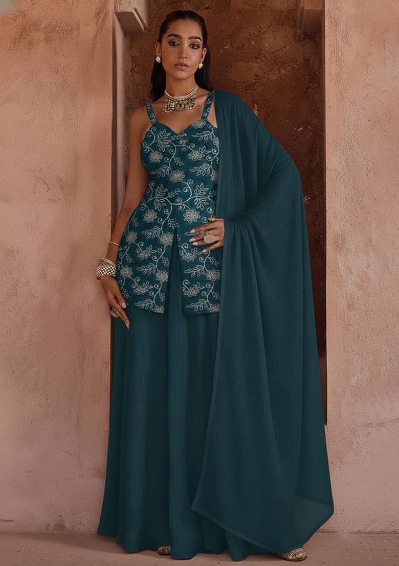 Teal Printed Poly Blend Sharara Set - Indya