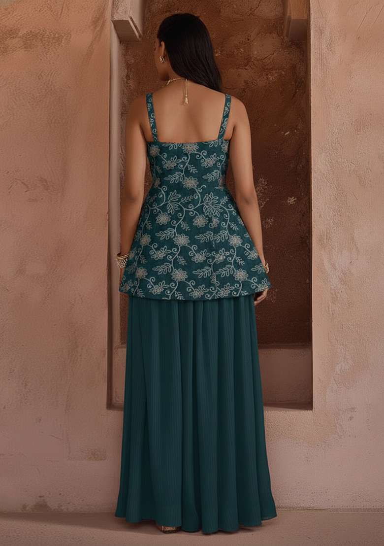 Teal Printed Poly Blend Sharara Set - Indya
