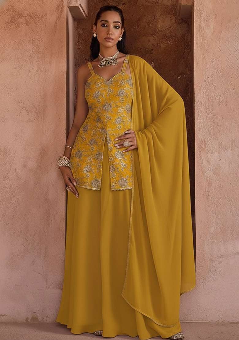 Yellow Embroidery Simmer Tissue Sharara Set - Indya