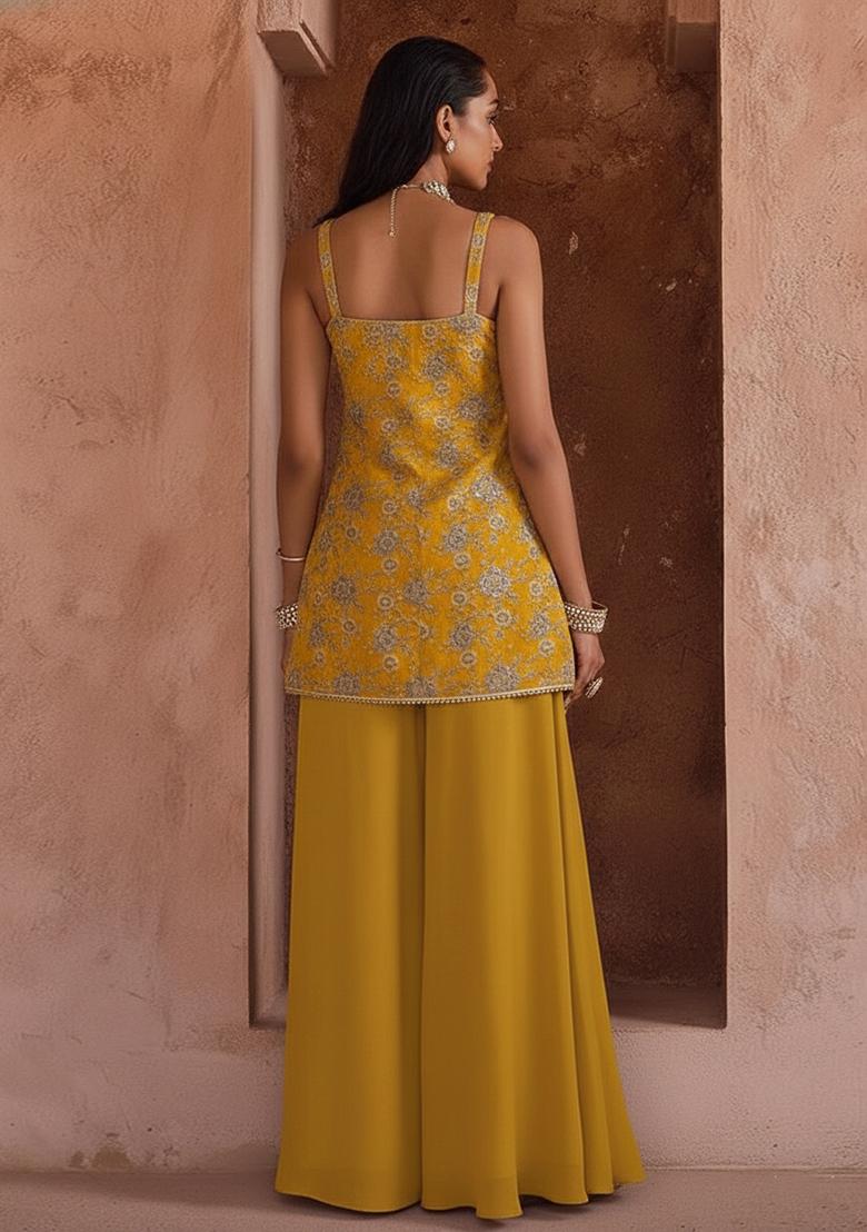 Yellow Embroidery Simmer Tissue Sharara Set - Indya