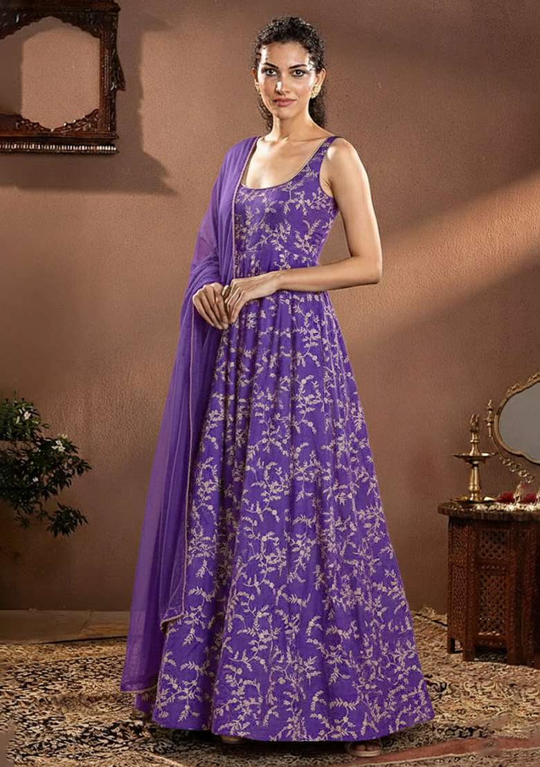 Purple Printed Crepe Anarkali Set - Indya