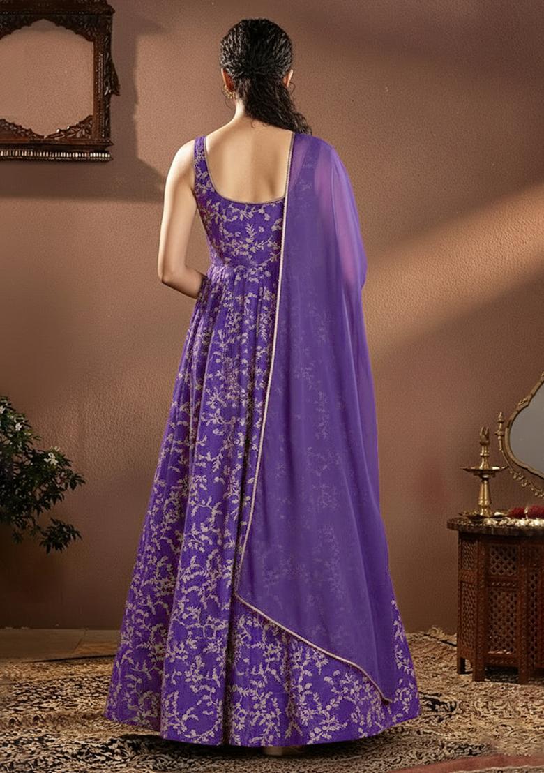 Purple Printed Crepe Anarkali Set - Indya