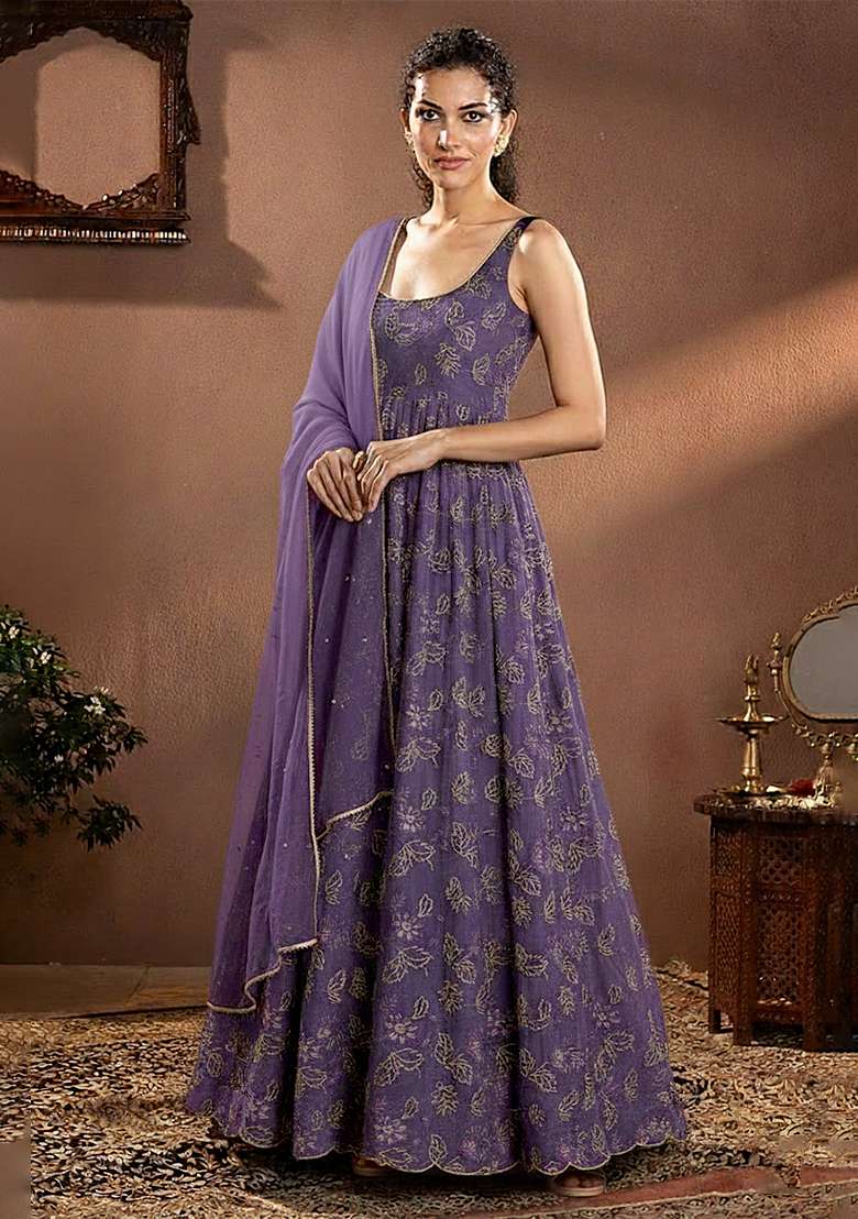 Royal Violet Printed Net Anarkali Set - Indya