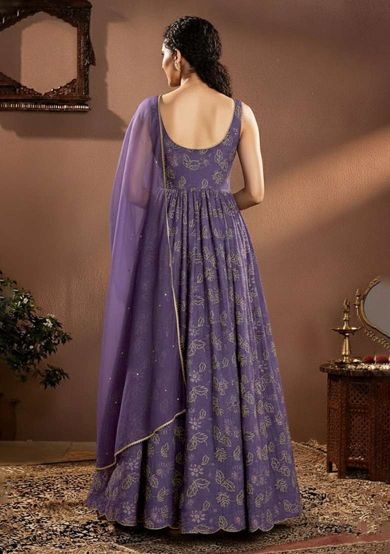 Royal Violet Printed Net Anarkali Set - Indya
