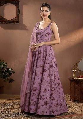 Dusty Lilac Printed Crepe Anarkali Set