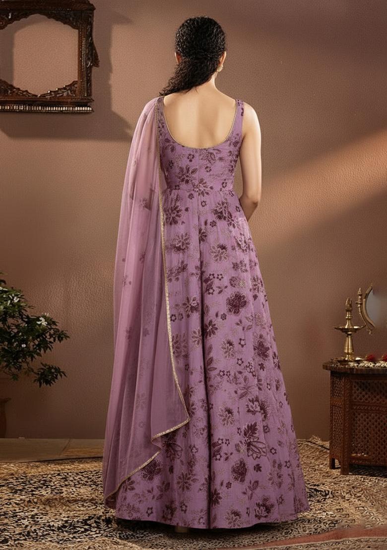 Dusty Lilac Printed Crepe Anarkali Set - Indya