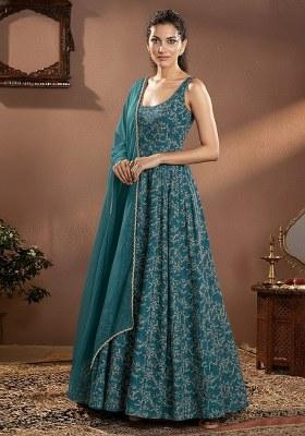 Teal Printed Crepe Anarkali Set