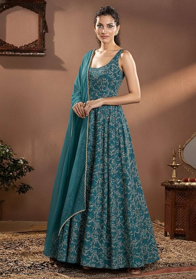 Teal Printed Crepe Anarkali Set - Indya