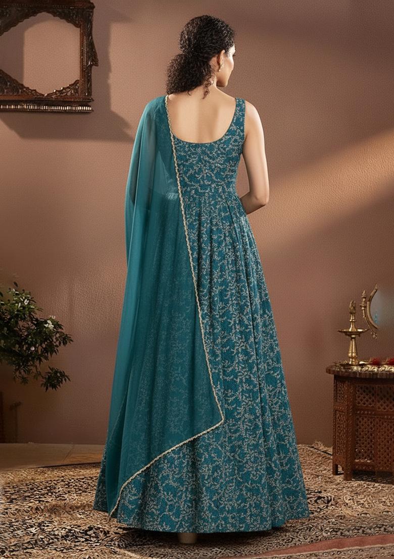 Teal Printed Crepe Anarkali Set - Indya