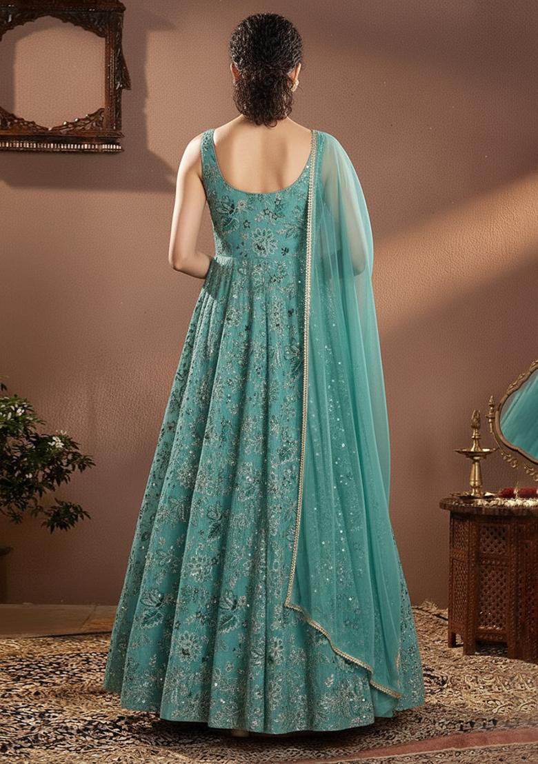 Sea Green Embroidery Crepe Anarkali Set - Indya