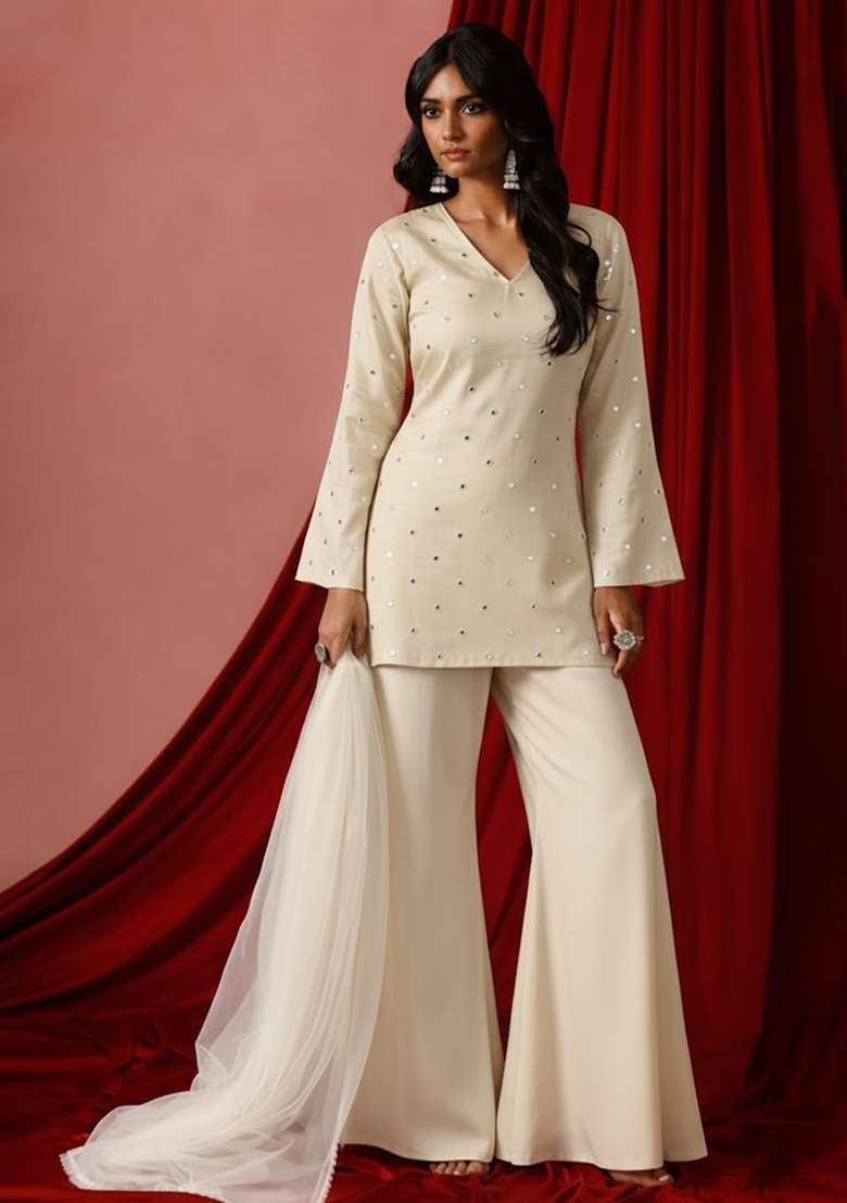 Off White Mirror Work Silk Blend Sharara Set - Indya