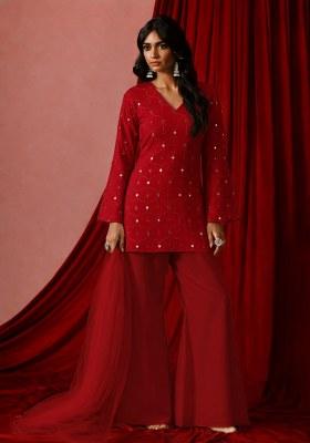 Red Embroidery Georgette Kurta Set