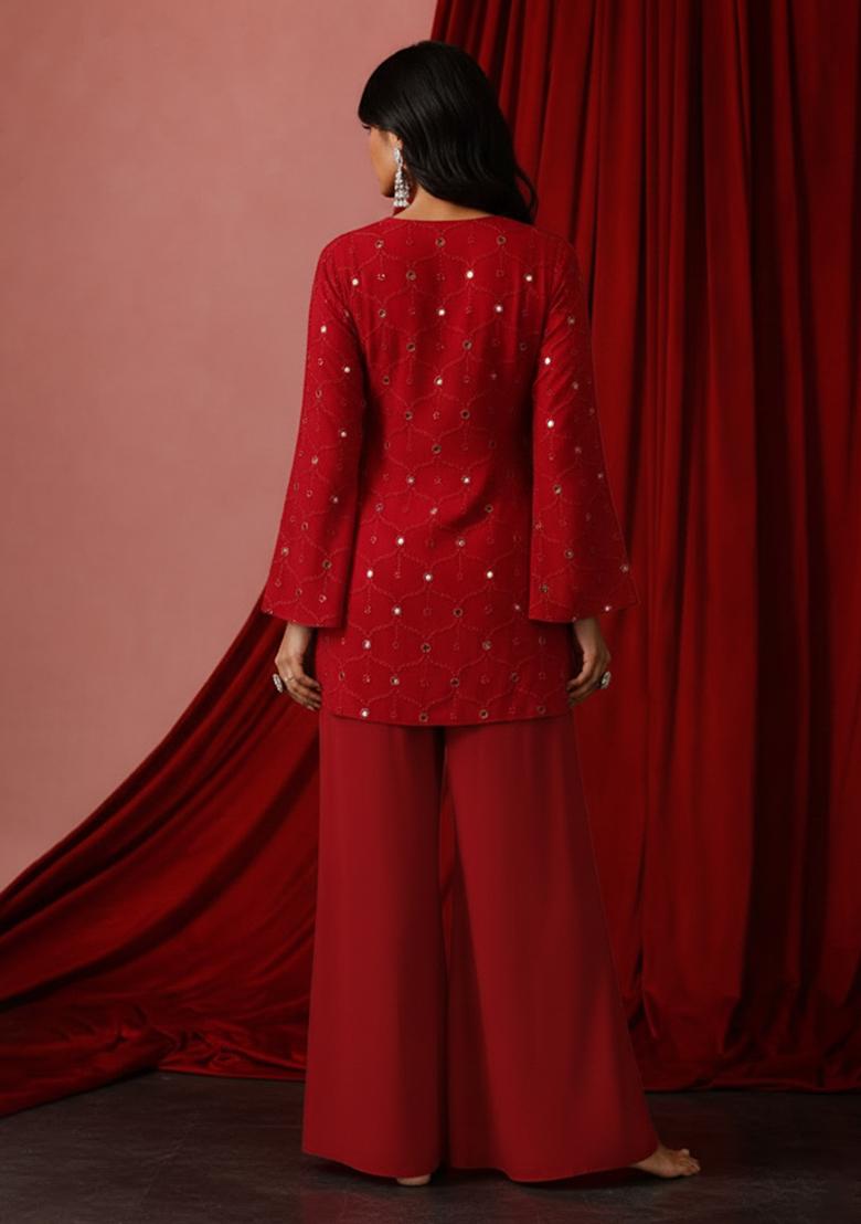Red Embroidery Georgette Sharara Set - Indya