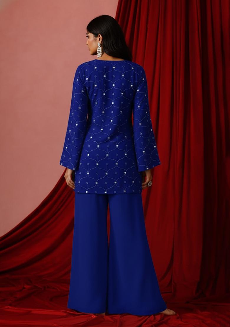 Blue Embroidery Georgette Kurta Set - Indya