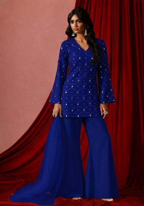 Blue Mirror Work Georgette Sharara Set
