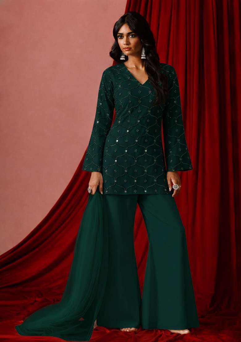 Green Embroidered Georgette Sharara Set - Indya