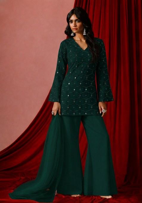 Green Embroidered Georgette Sharara Set