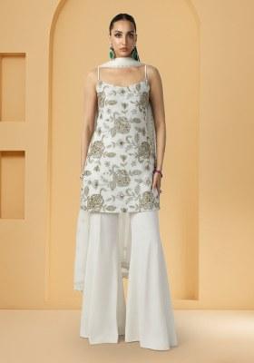 White Embroidery Crepe Sharara Set