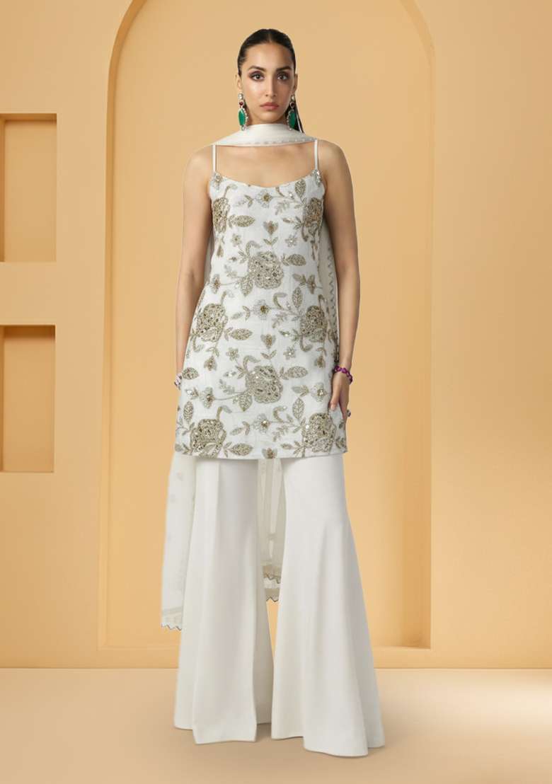 White Embroidery Crepe Sharara Set - Indya
