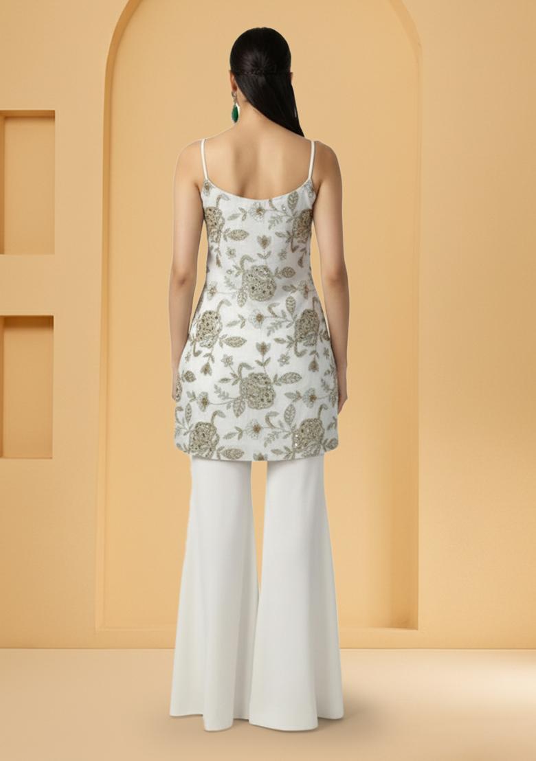White Embroidery Crepe Sharara Set - Indya