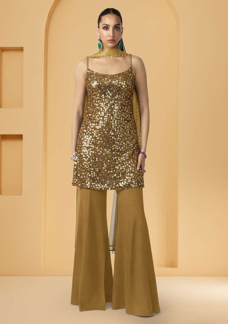 Brown Tilla Zari Cutwork Poly Blend Sharara Set - Indya